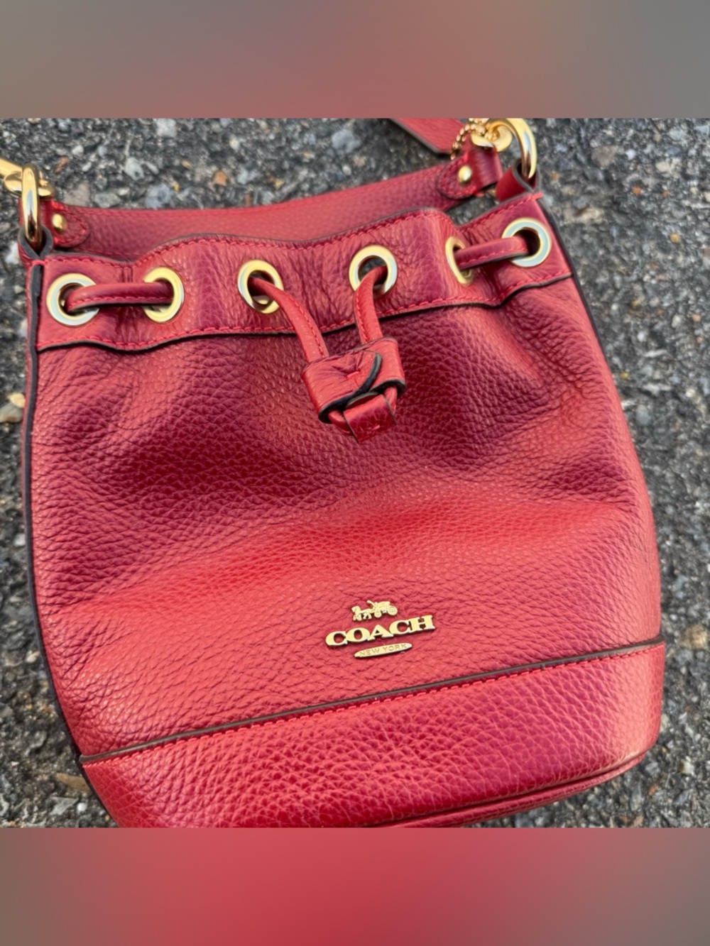 Coach Mini Dempsey Drawstring Leather Crossbody Shoulder Bucket Bag Cherry Red - Picture 2 of 12